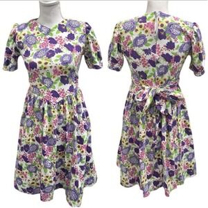 VTG Christie Brooks Floral Drop Waist‎ Dress Purple Pink Puff Sleeve Cottage XS